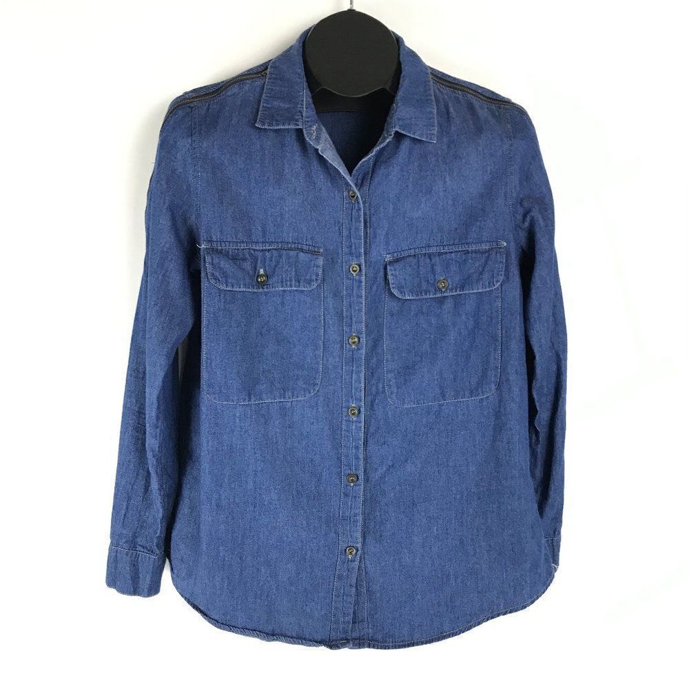 Alison Andrews Chambray Cold Shoulder Button Down Shirt Women's Small Blue Zip